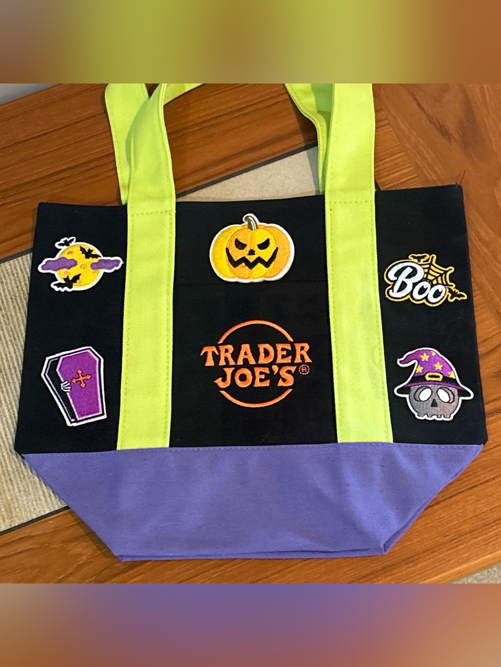 Upcycled Trader Joe’s Halloween Tote Bag in Black, Purple & Neon Green